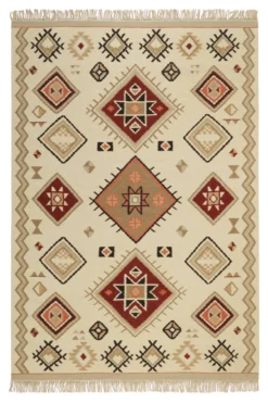 Kelim Teppich Creme Beige Rot aus Wolle 