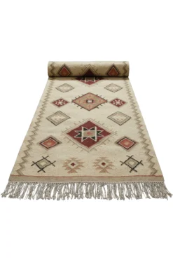 Kelim Teppich Creme Beige Rot aus Wolle 