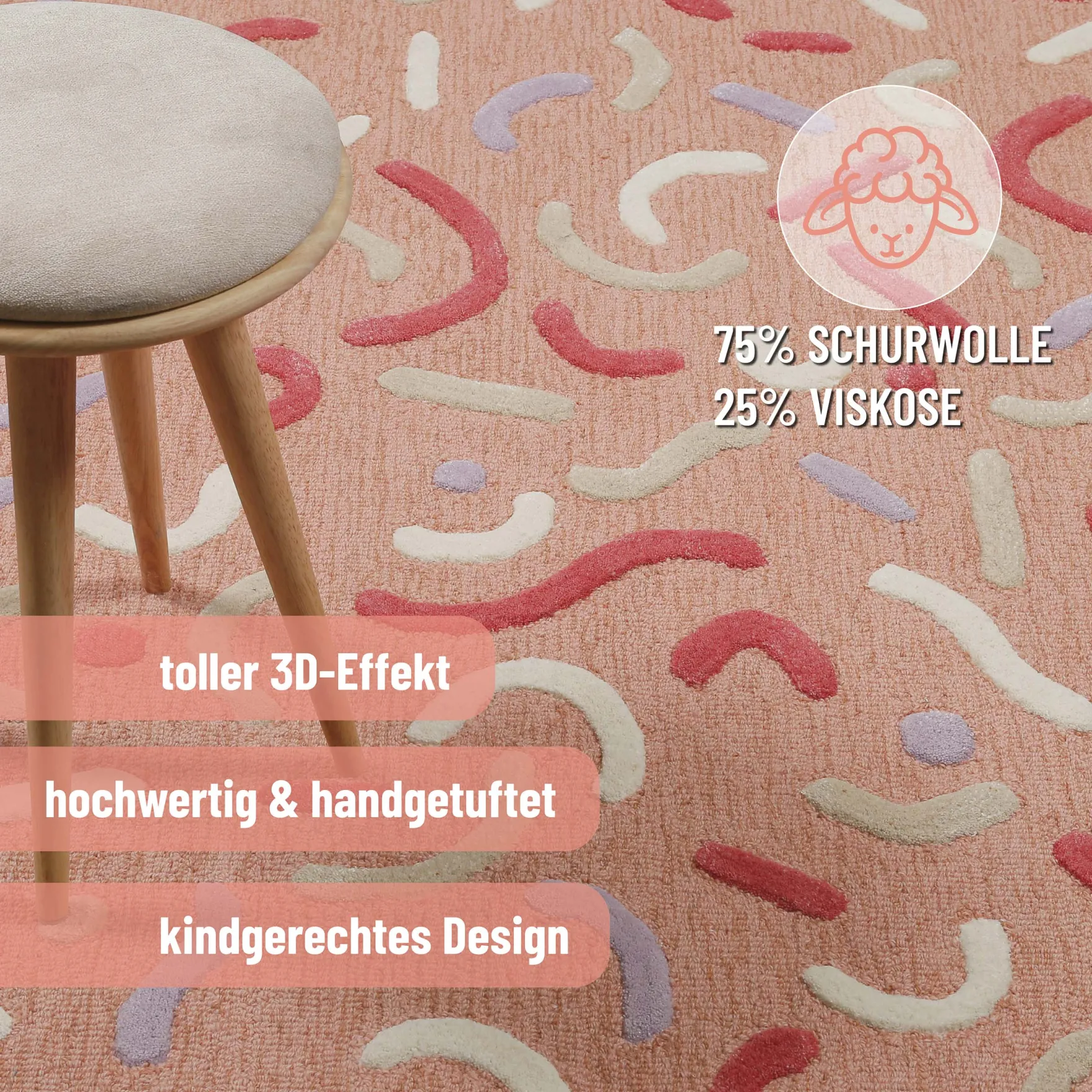 Kinderteppich aus Schurwolle Altrosa Multi "Confetti 2.0" Smart Kids