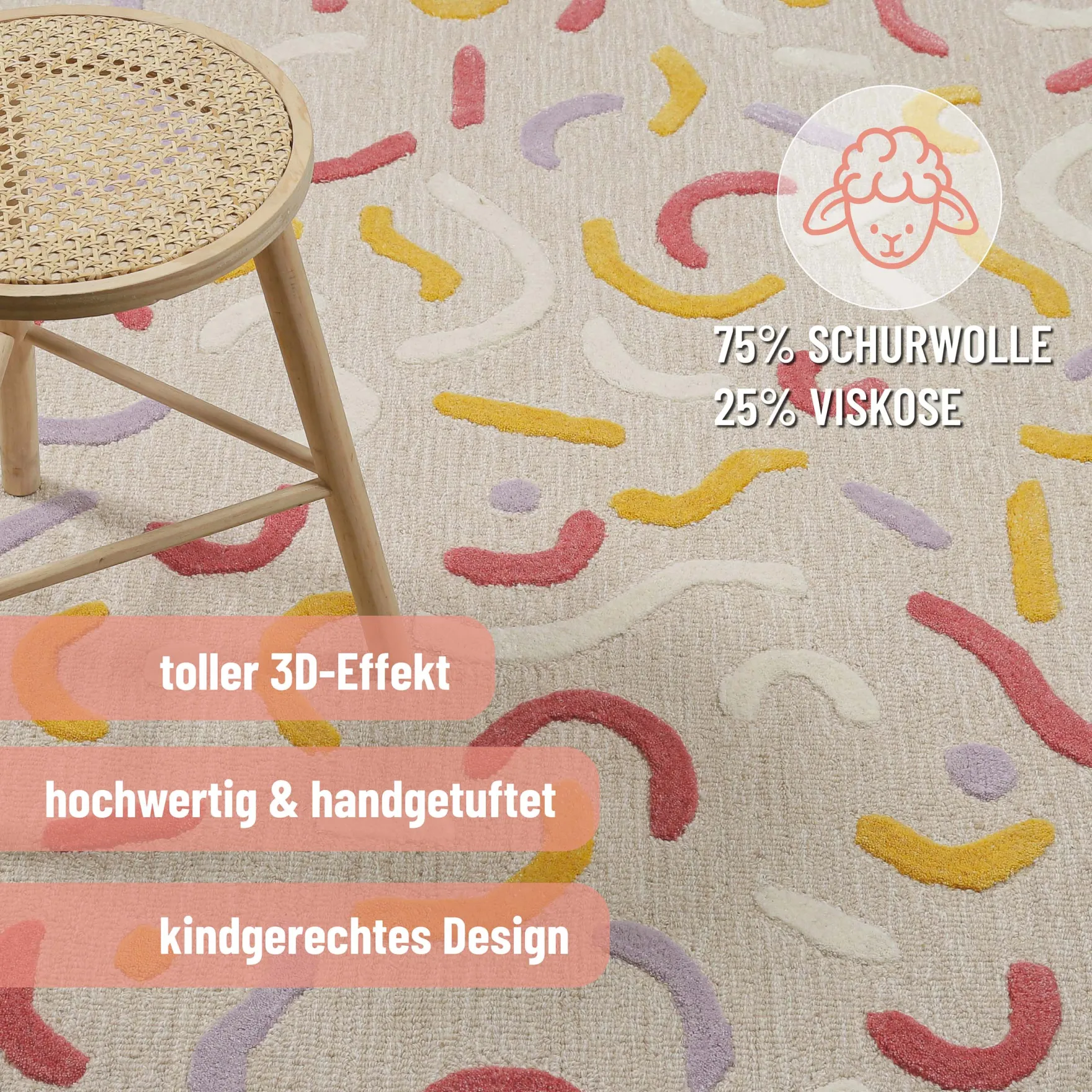Kinderteppich aus Schurwolle Beige Multi "Confetti 2.0" Smart Kids