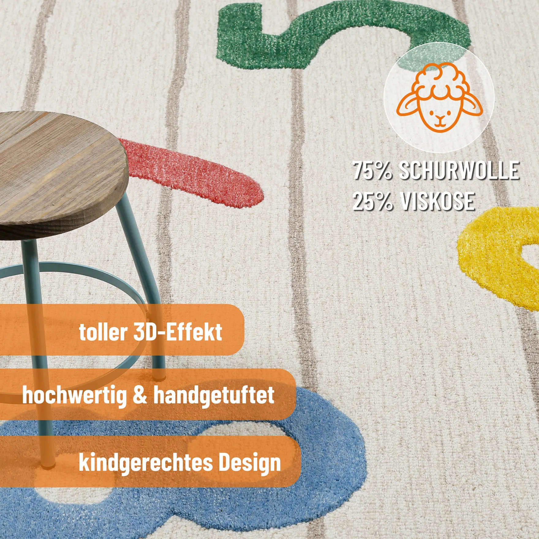 Kinderteppich aus Schurwolle Beige Multi "Countdown" Smart Kids