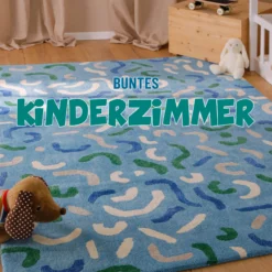 Kinderteppich aus Schurwolle Blau Grün 