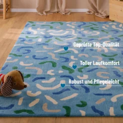 Kinderteppich aus Schurwolle Blau Grün 
