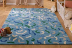 Kinderteppich aus Schurwolle Blau Grün 