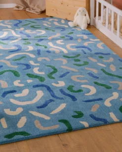 Kinderteppich aus Schurwolle Blau Grün 