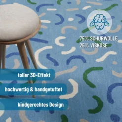 Kinderteppich aus Schurwolle Blau Grün 