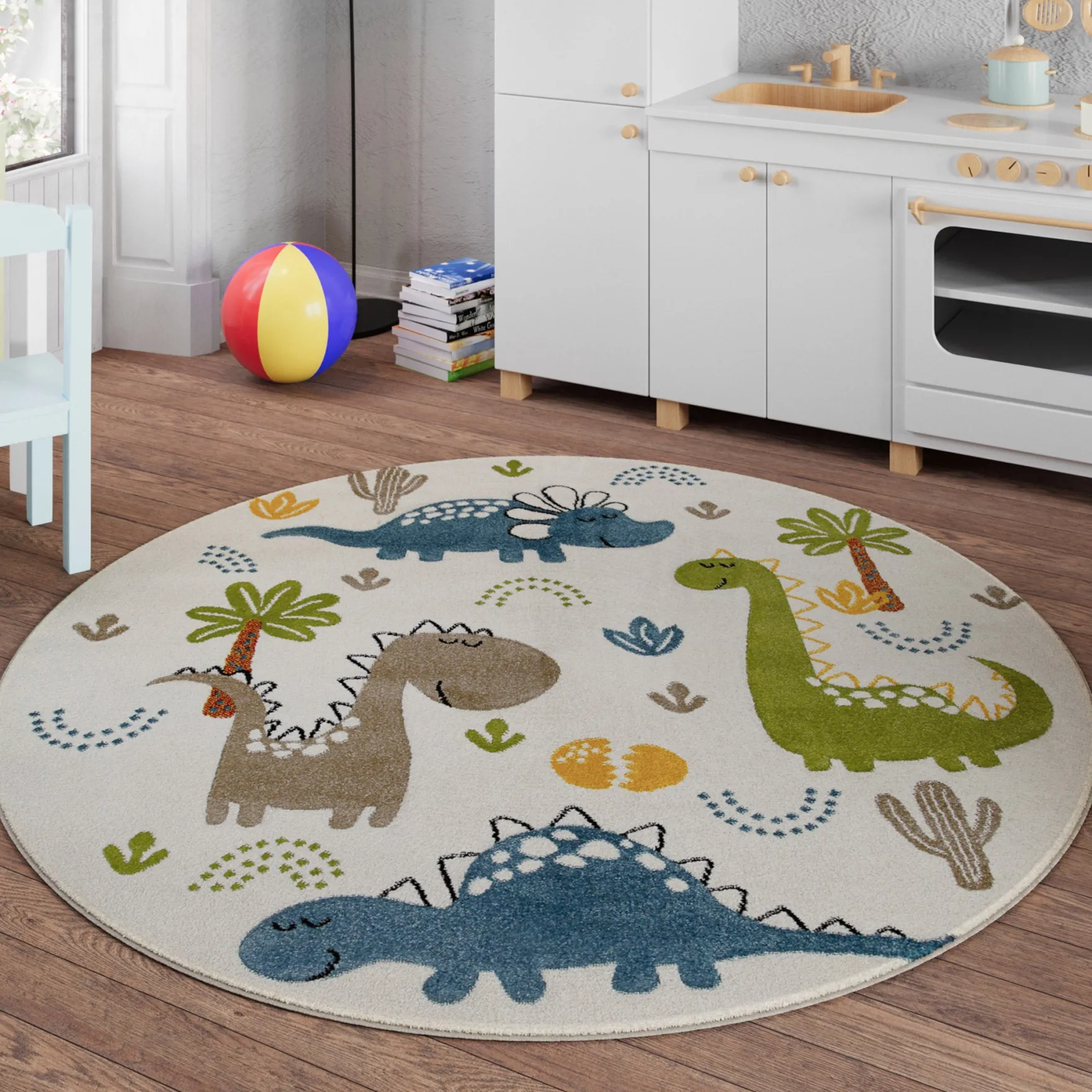 Kinderteppich Rund Creme Weiß "Dino & Friends" Smart Kids
