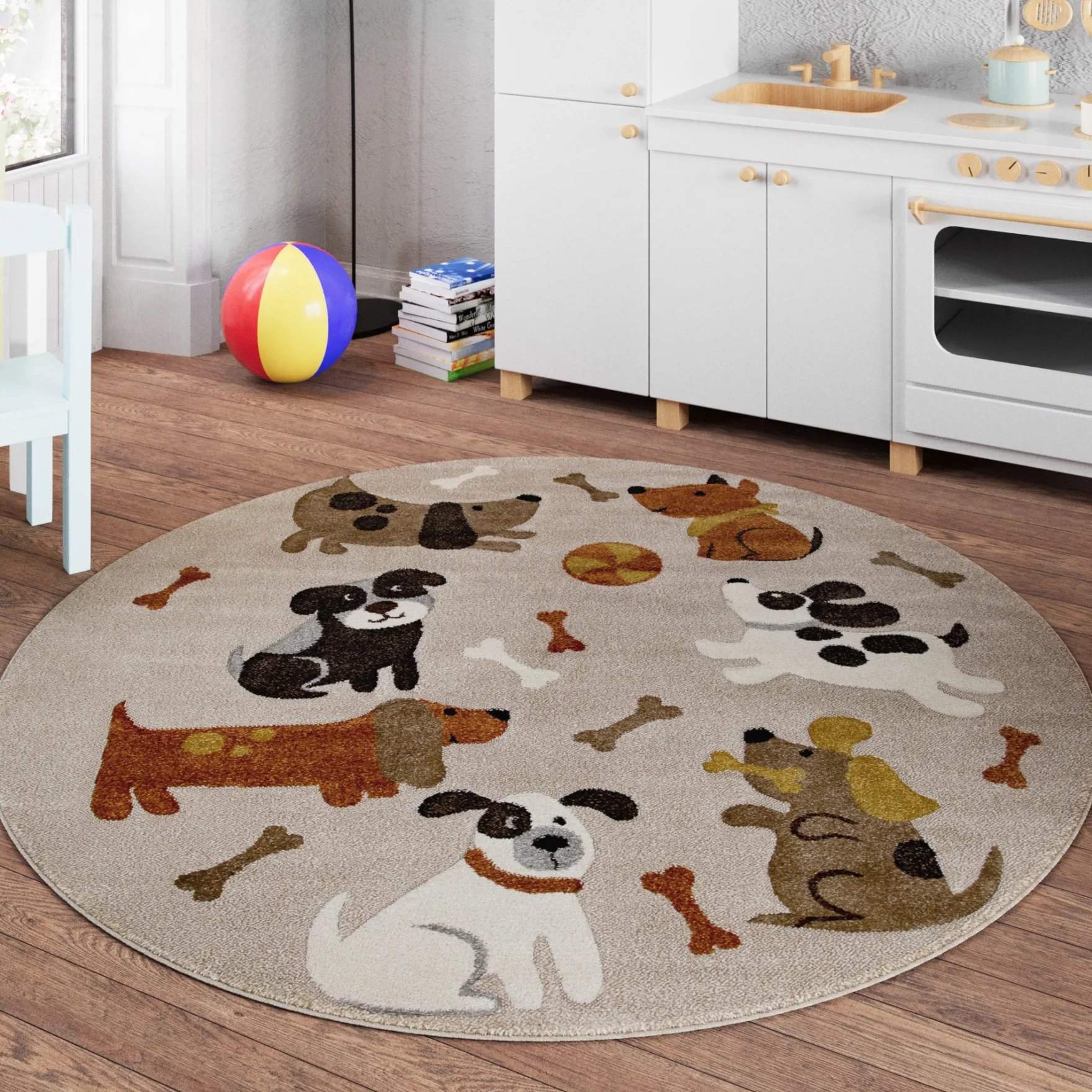 Kinderteppich Rund Sand Beige meliert "Rocky & Friends" Smart Kids