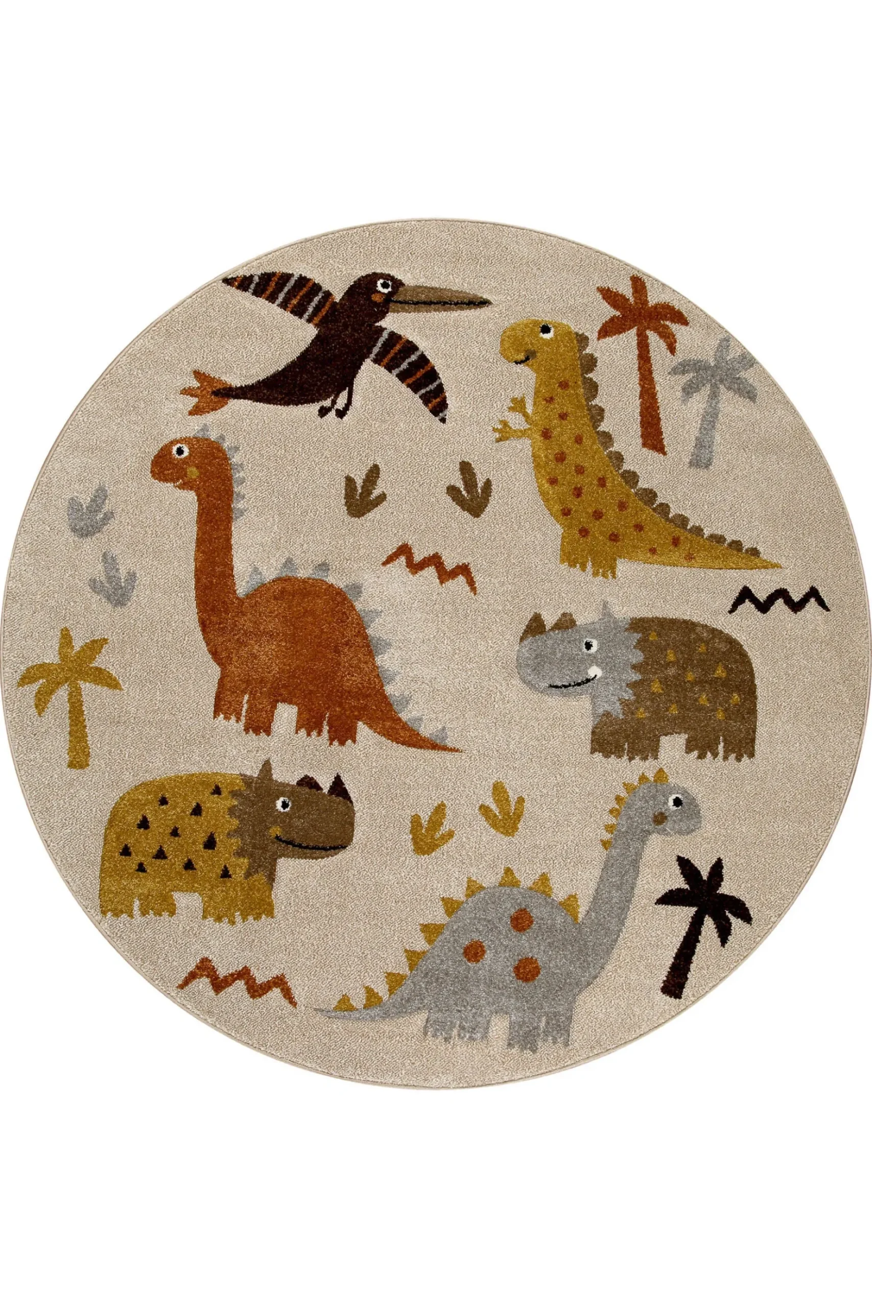 Kinderteppich Rund Sand Beige meliert "T-Rex & Friends" Smart Kids
