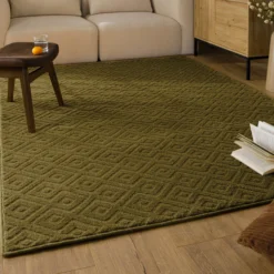 Kurzflor Teppich aus Schurwolle Oliv Grün