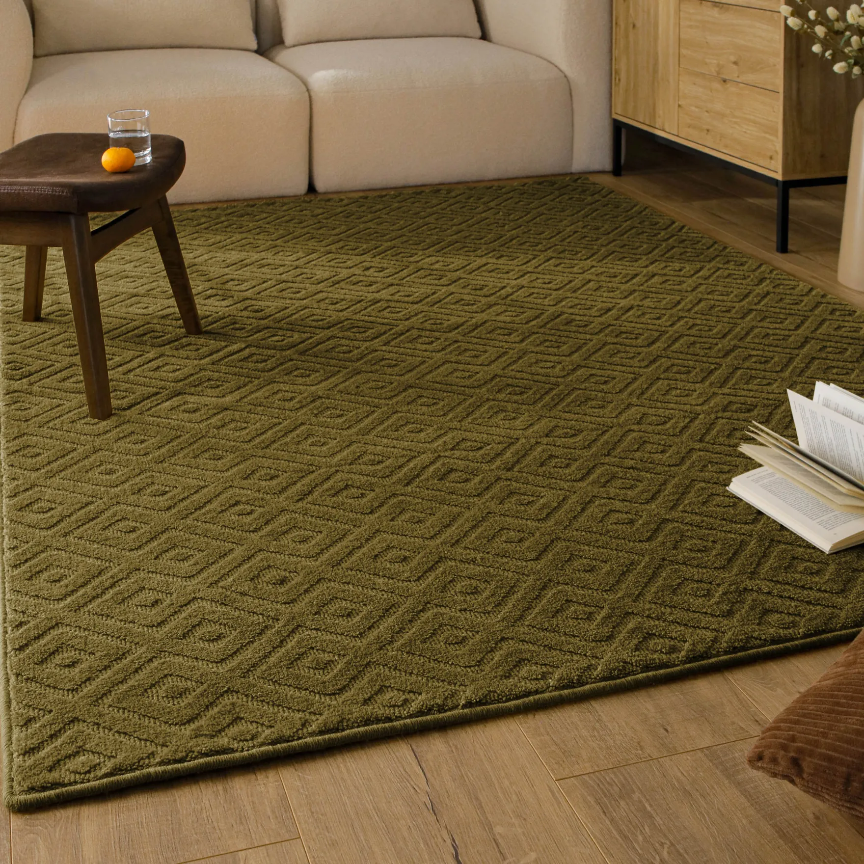 Kurzflor Teppich aus Schurwolle Oliv Grün "Castello TWO" WECONhome