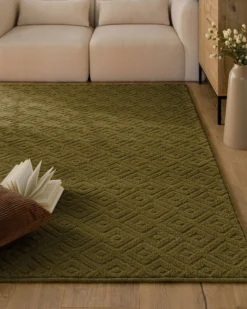Kurzflor Teppich aus Schurwolle Oliv Grün