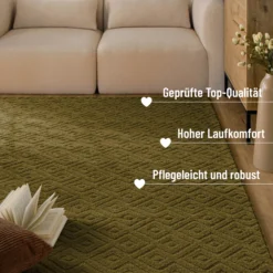 Kurzflor Teppich aus Schurwolle Oliv Grün