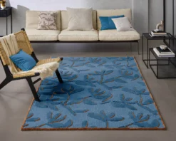 Kurzflor Teppich aus Schurwolle Blau Multi 