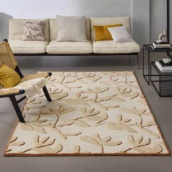 Kurzflor Teppich aus Schurwolle Beige Multi