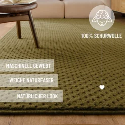 Kurzflor Teppich aus Schurwolle Oliv Grün "Castello THREE" WECONhome