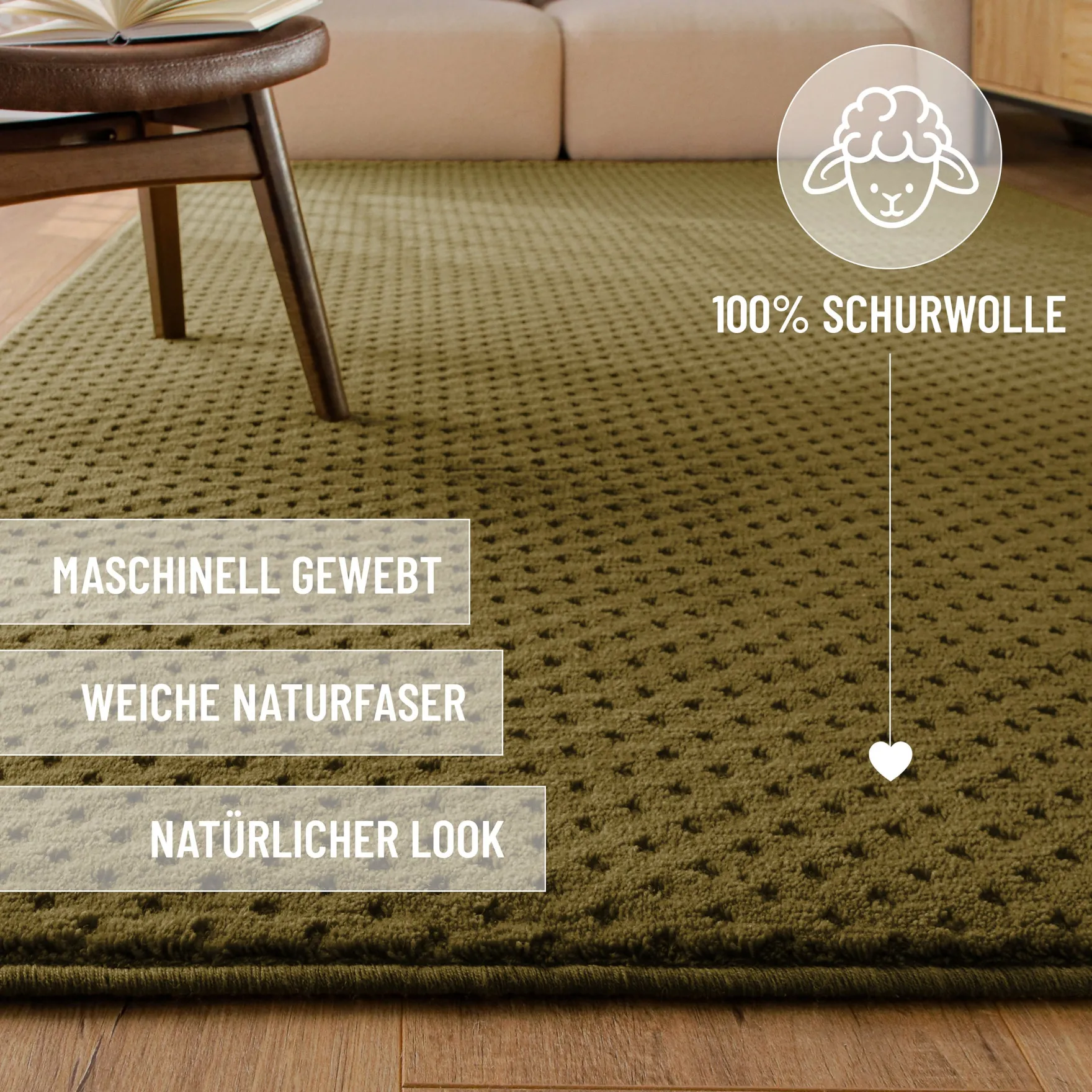 Kurzflor Teppich aus Schurwolle Oliv Grün "Castello THREE" WECONhome