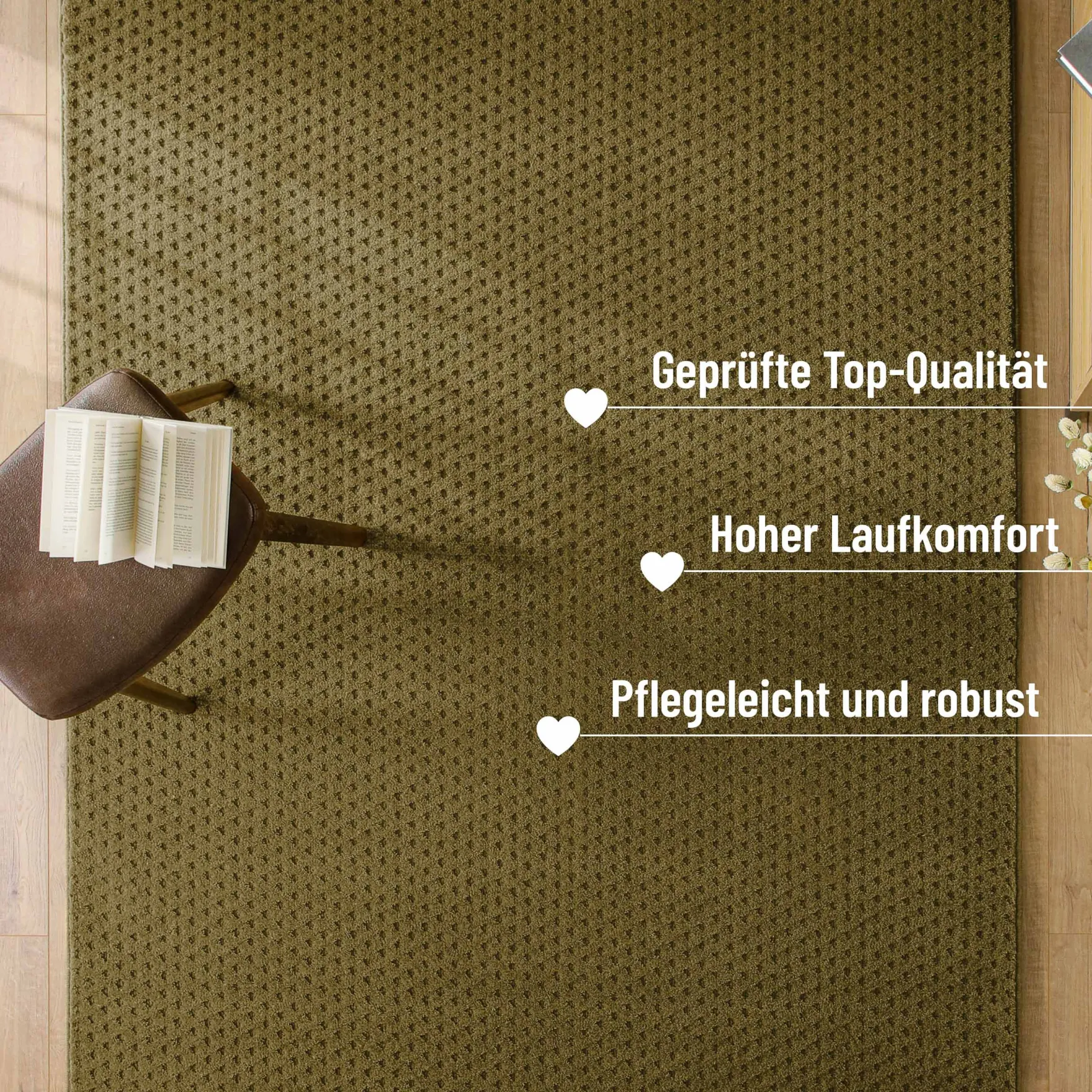 Kurzflor Teppich aus Schurwolle Oliv Grün "Castello THREE" WECONhome