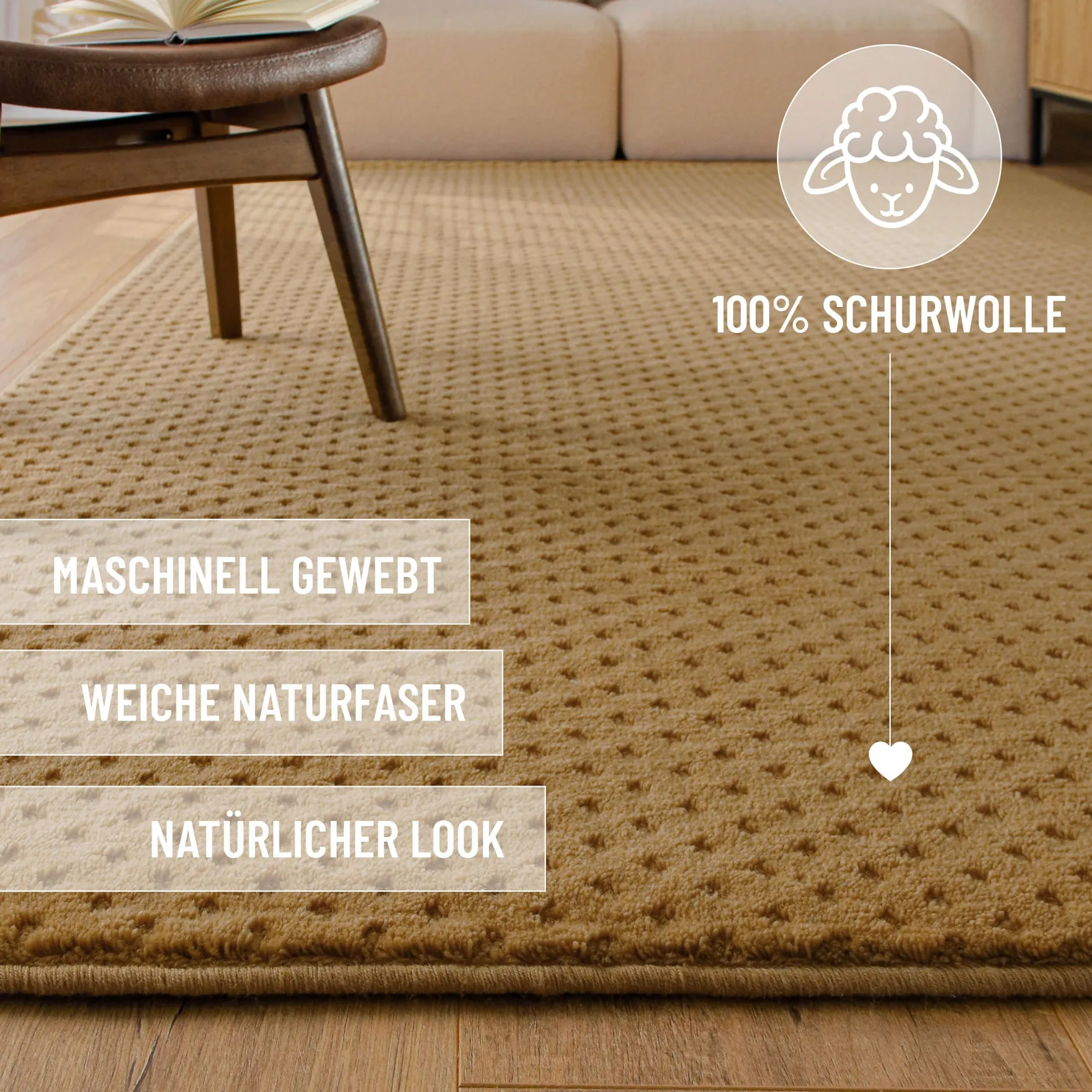 Kurzflor Teppich aus Schurwolle Karamell "Castello THREE" WECONhome