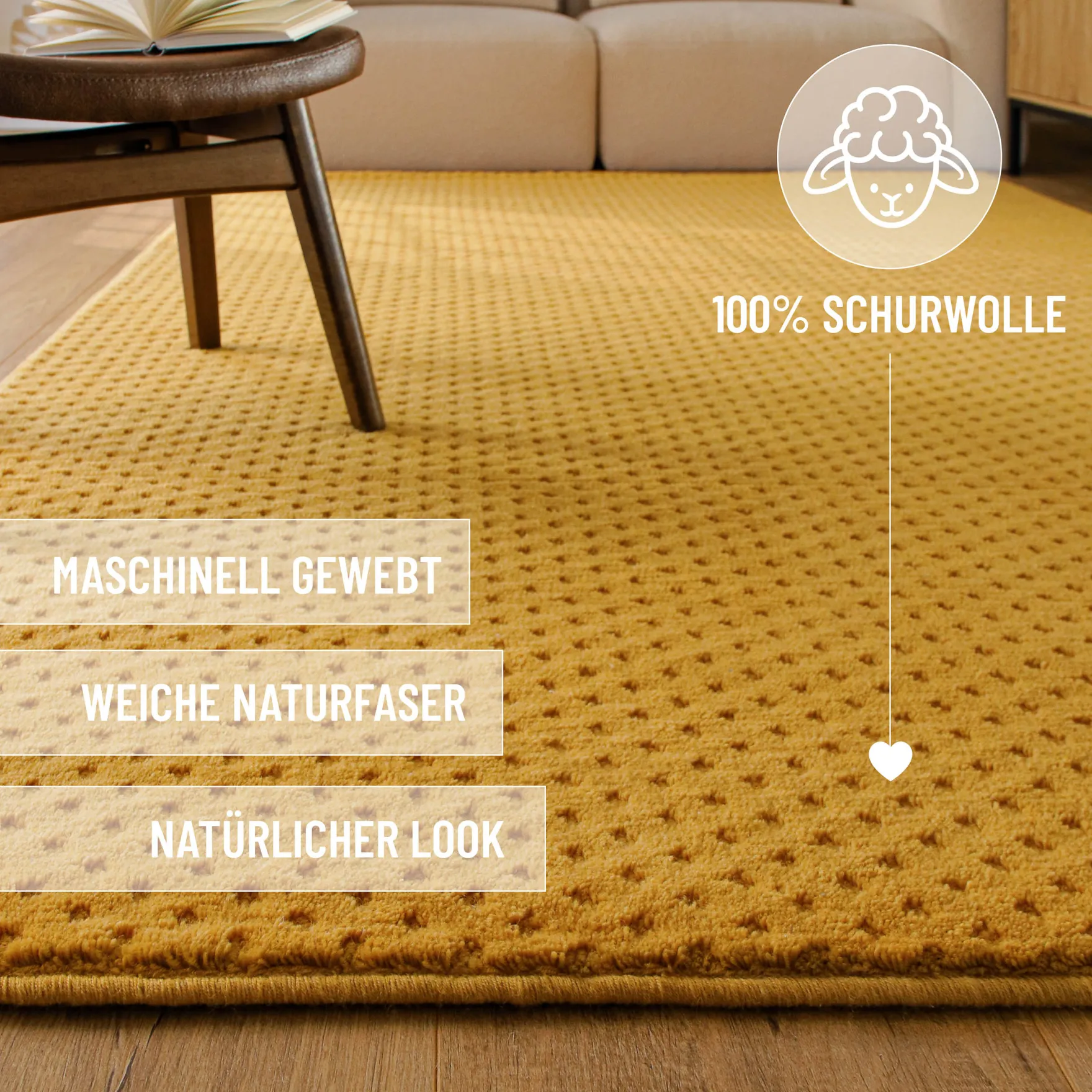 Kurzflor Teppich aus Schurwolle Gelb "Castello THREE" WECONhome