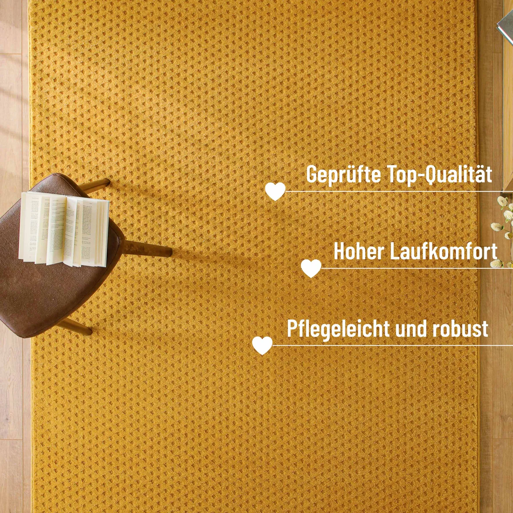 Kurzflor Teppich aus Schurwolle Gelb "Castello THREE" WECONhome