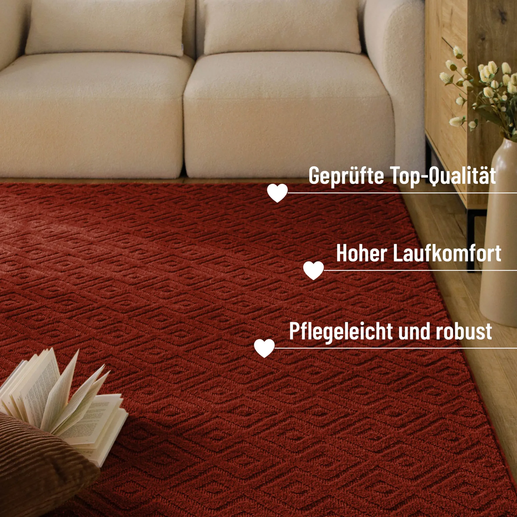 Kurzflor Teppich aus Schurwolle Purpur Rot "Castello TWO" WECONhome