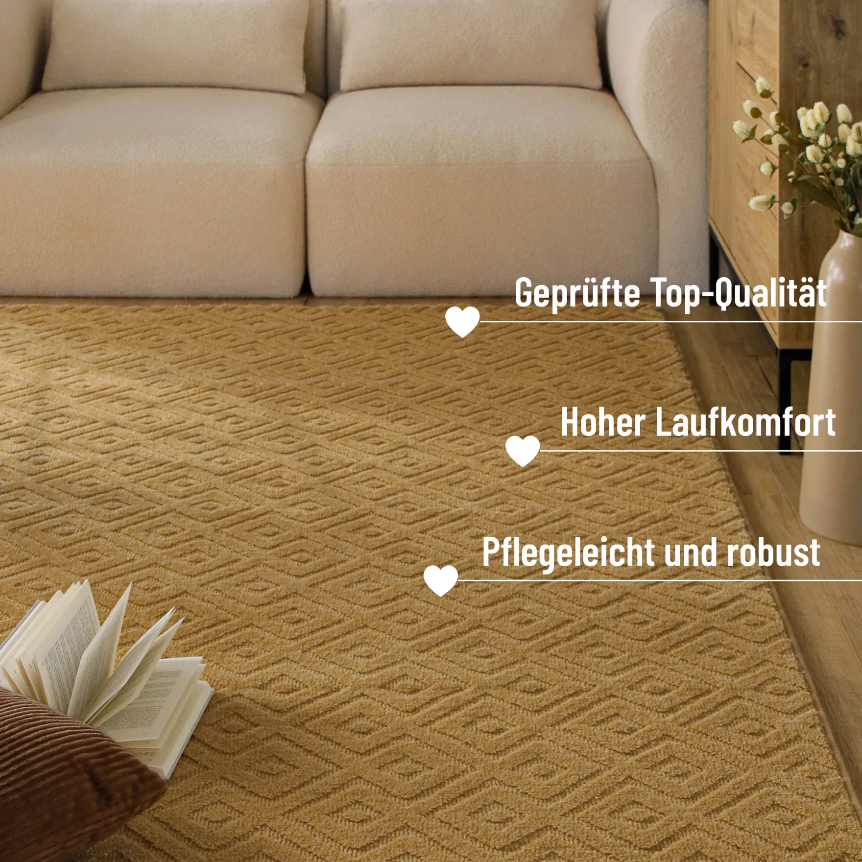 Kurzflor Teppich aus Schurwolle Karamell "Castello TWO" WECONhome