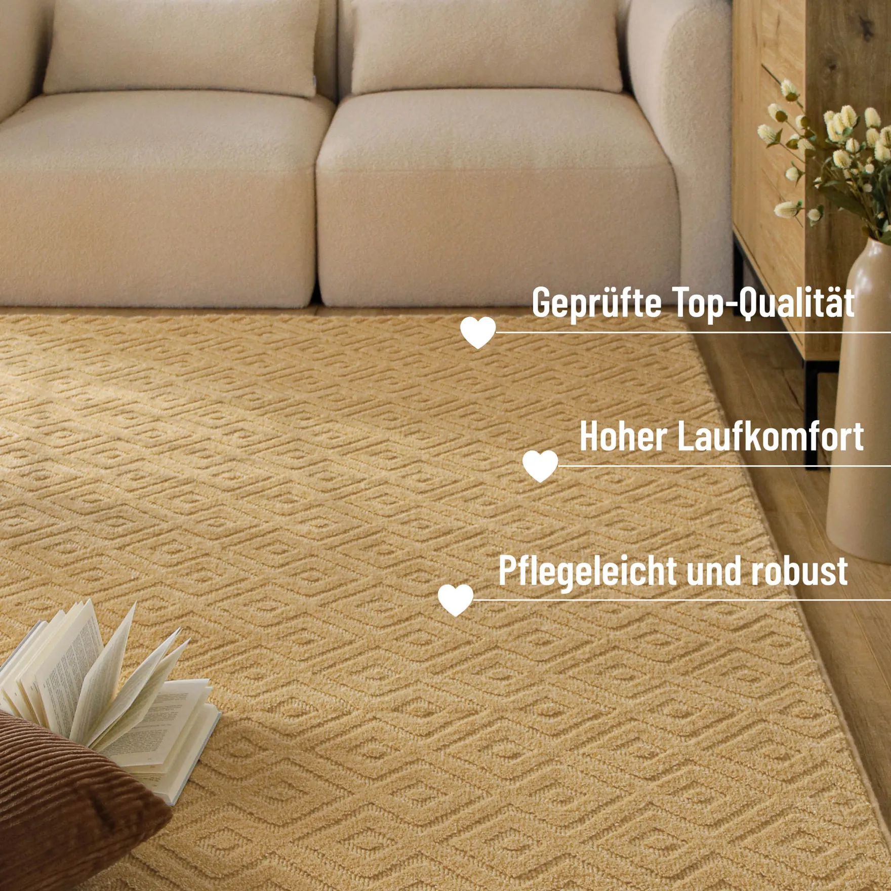 Kurzflor Teppich aus Schurwolle Sand Beige "Castello TWO" WECONhome