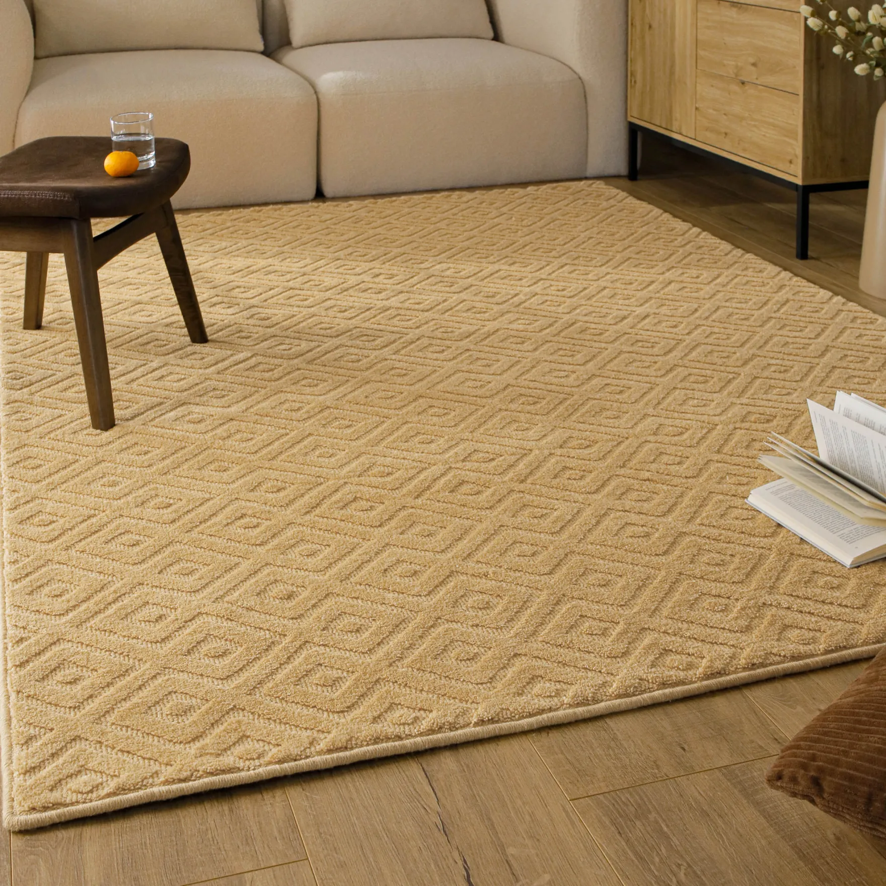 Kurzflor Teppich aus Schurwolle Sand Beige "Castello TWO" WECONhome