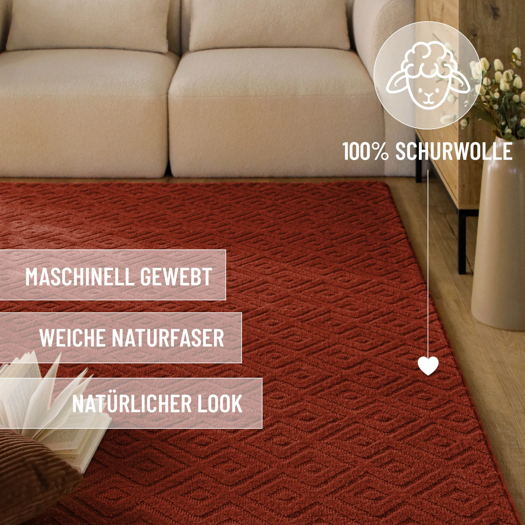 Kurzflor Teppich aus Schurwolle Kamin Rot "Castello TWO" WECONhome