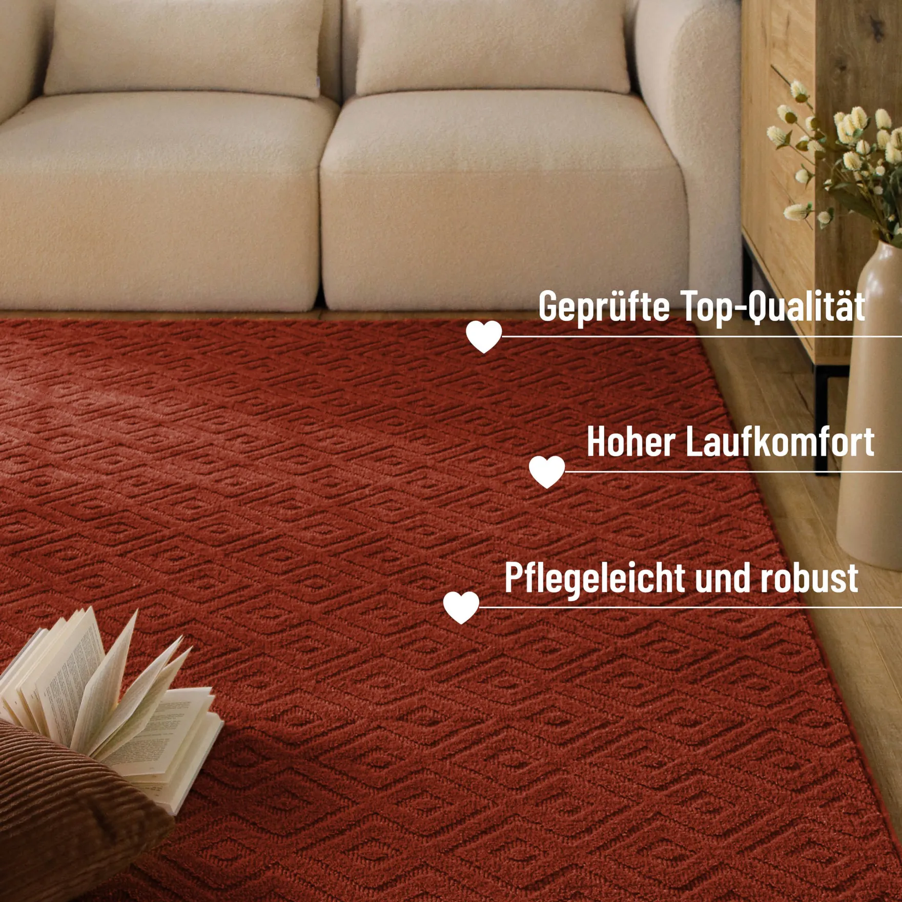 Kurzflor Teppich aus Schurwolle Kamin Rot "Castello TWO" WECONhome