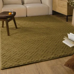 Kurzflor Teppich aus Schurwolle Blass Grün 