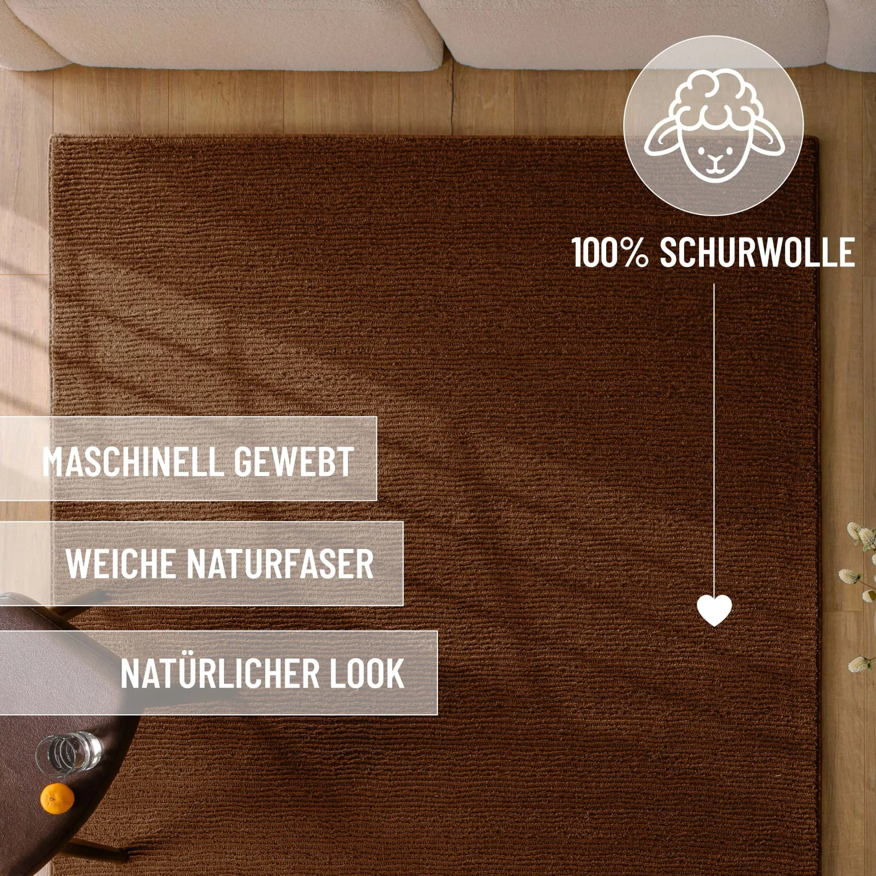 Kurzflor Teppich aus Schurwolle Braun "Castello ONE" WECONhome