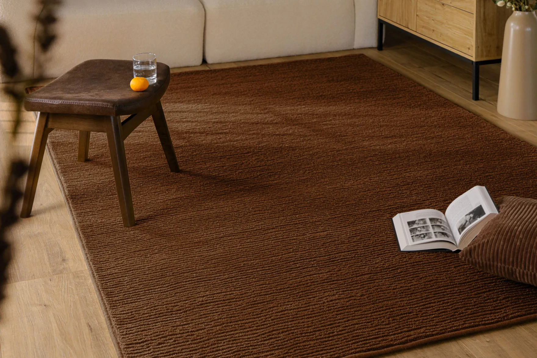 Kurzflor Teppich aus Schurwolle Braun "Castello ONE" WECONhome