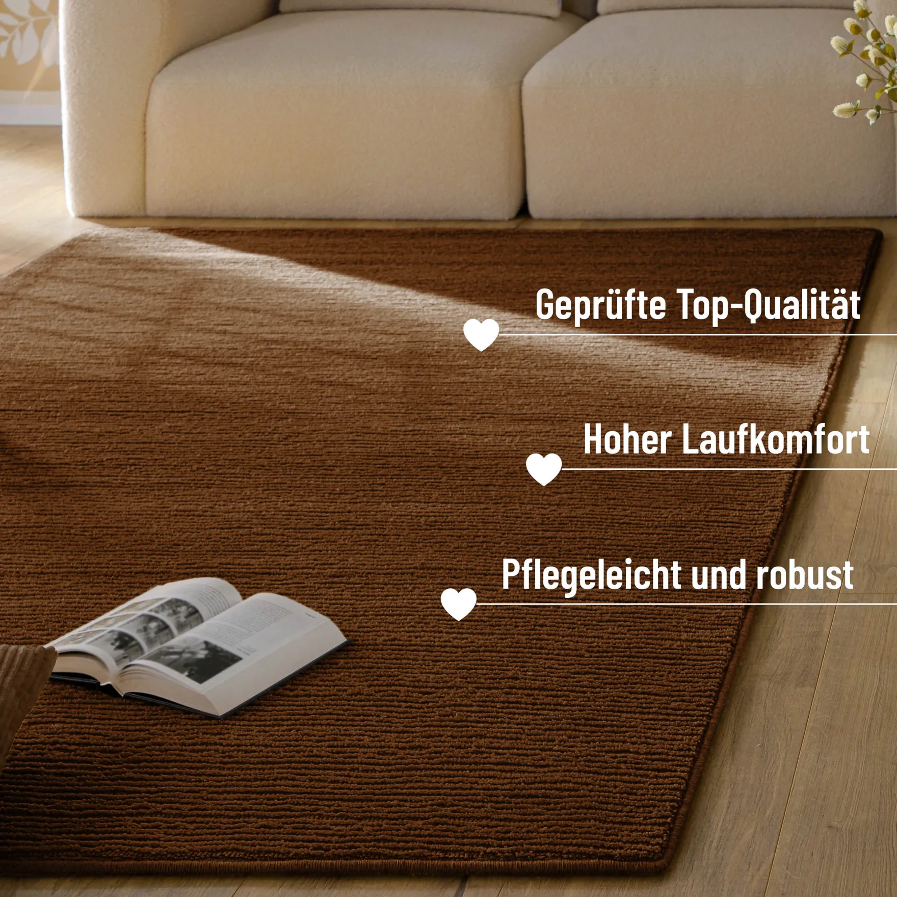 Kurzflor Teppich aus Schurwolle Braun "Castello ONE" WECONhome