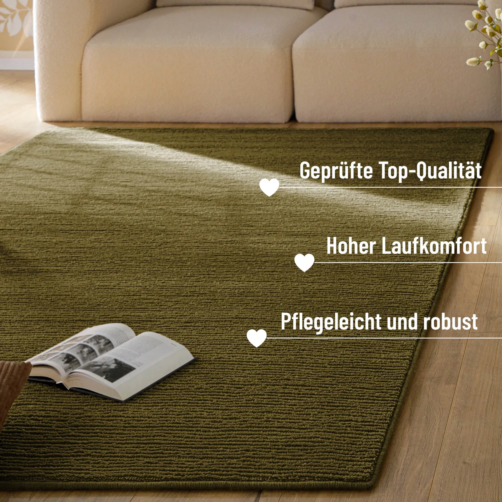 Kurzflor Teppich aus Schurwolle Oliv Grün "Castello ONE" WECONhome