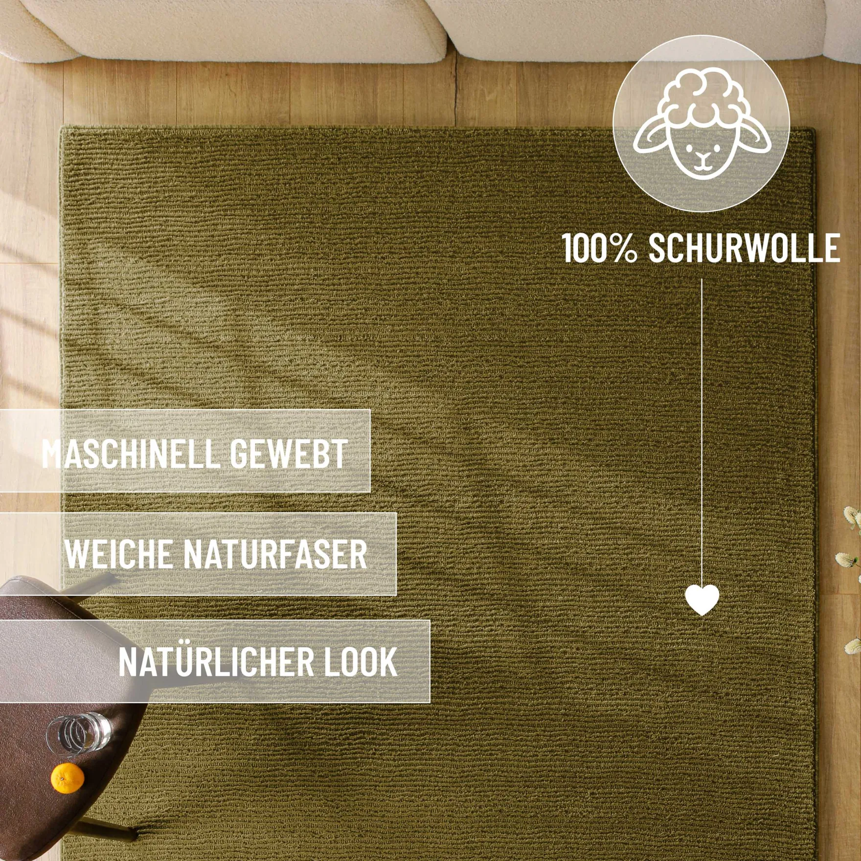 Kurzflor Teppich aus Schurwolle Oliv Grün "Castello ONE" WECONhome