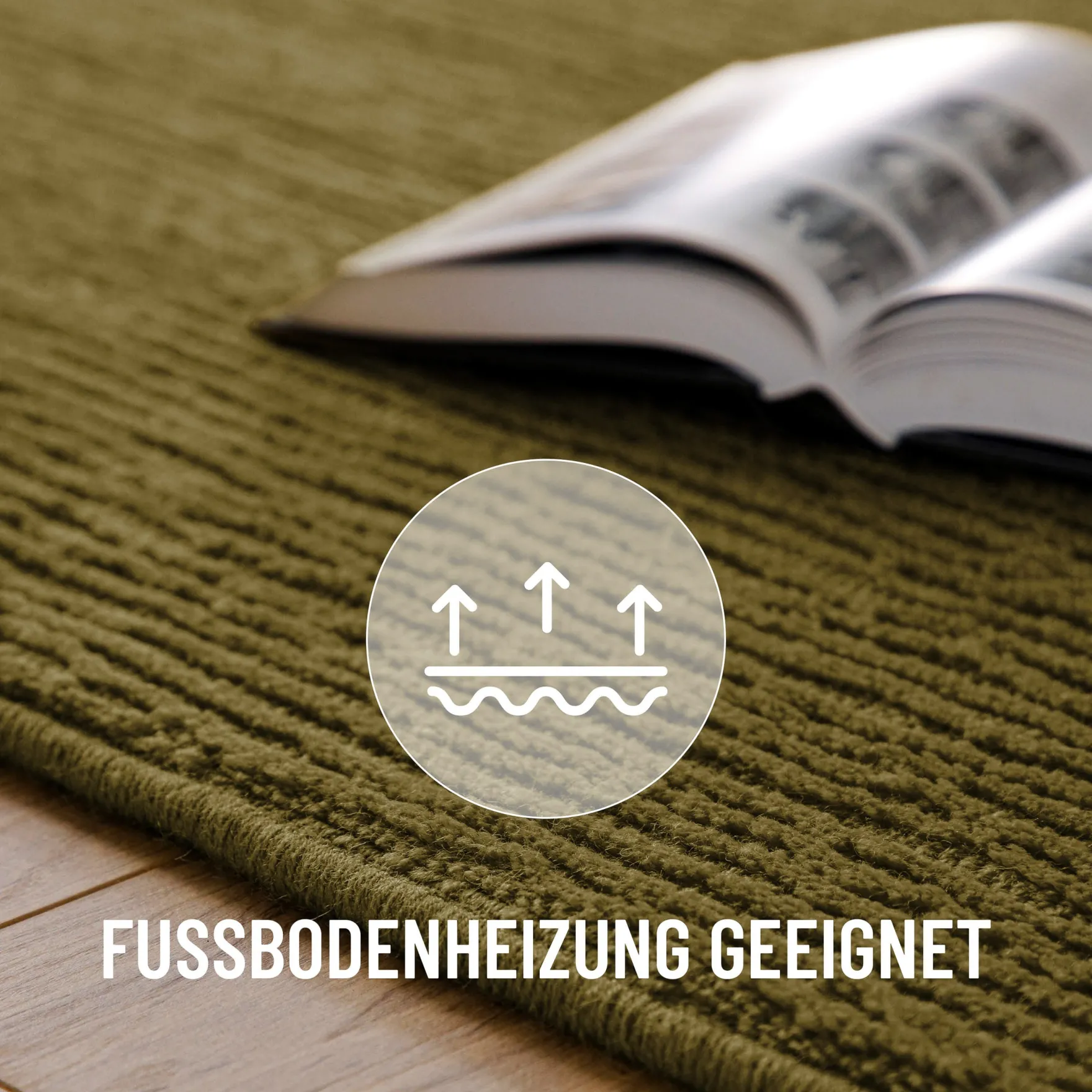 Kurzflor Teppich aus Schurwolle Oliv Grün "Castello ONE" WECONhome