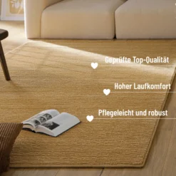 Kurzflor Teppich aus Schurwolle Karamell 