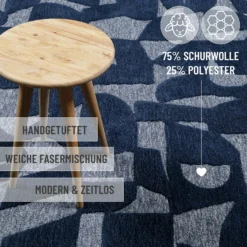 Kurzflorteppich Blau meliert aus Schurwolle