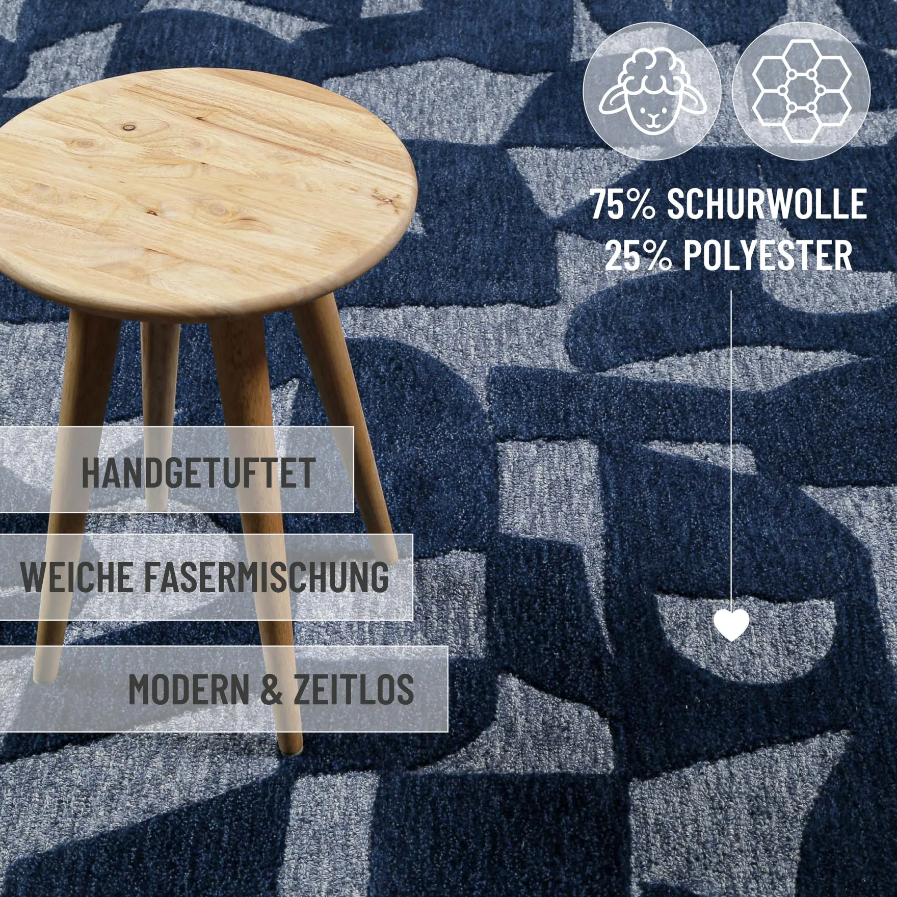 Kurzflorteppich Blau meliert aus Schurwolle "Ocean State" WECONhome