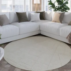 Kurzflor Teppich Rund Creme Weiß 