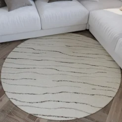 Kurzflor Teppich Rund Creme Weiß aus Schurwolle 