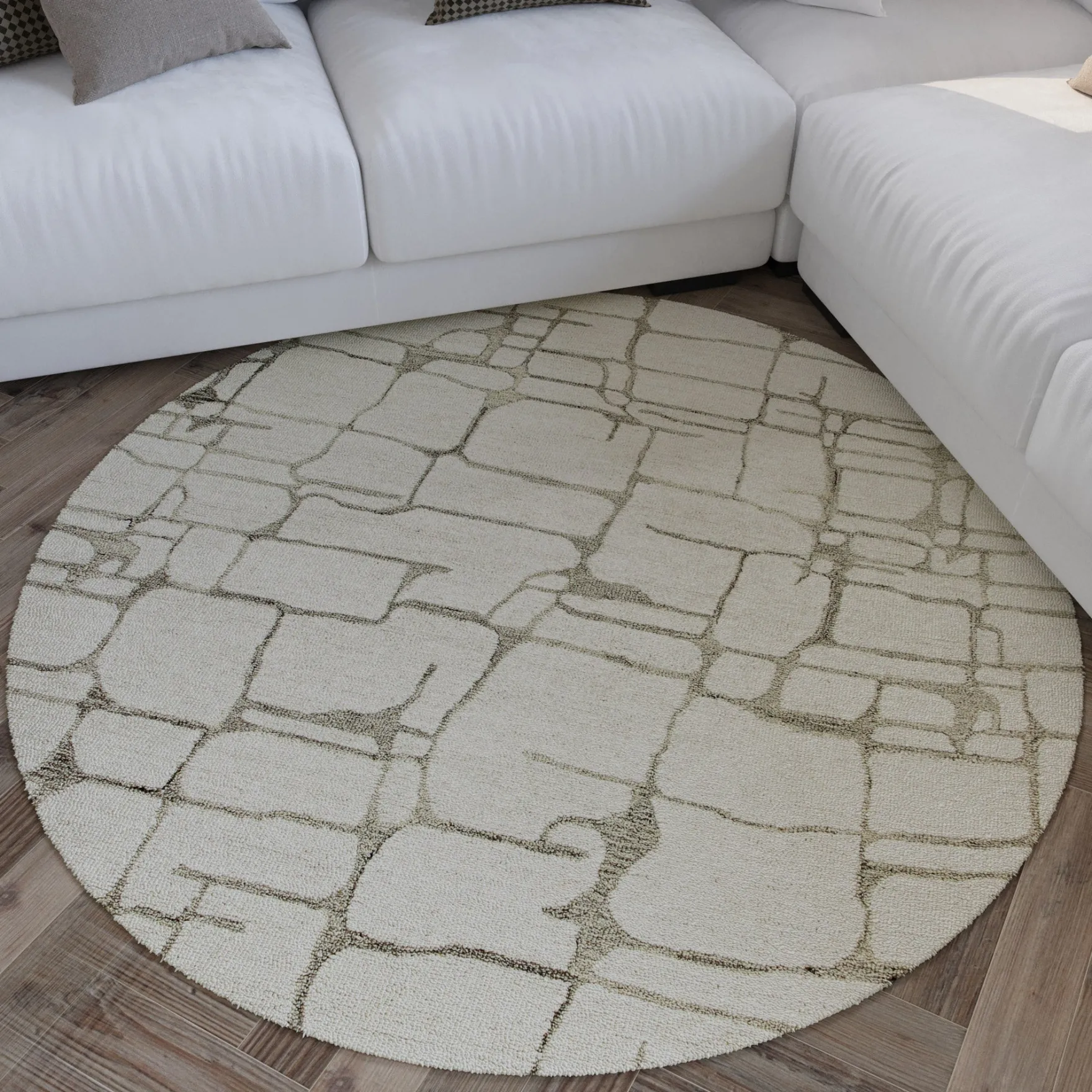 Kurzflor Teppich Rund Creme Weiß aus Schurwolle "Hamptons TWELVE" WECONhome