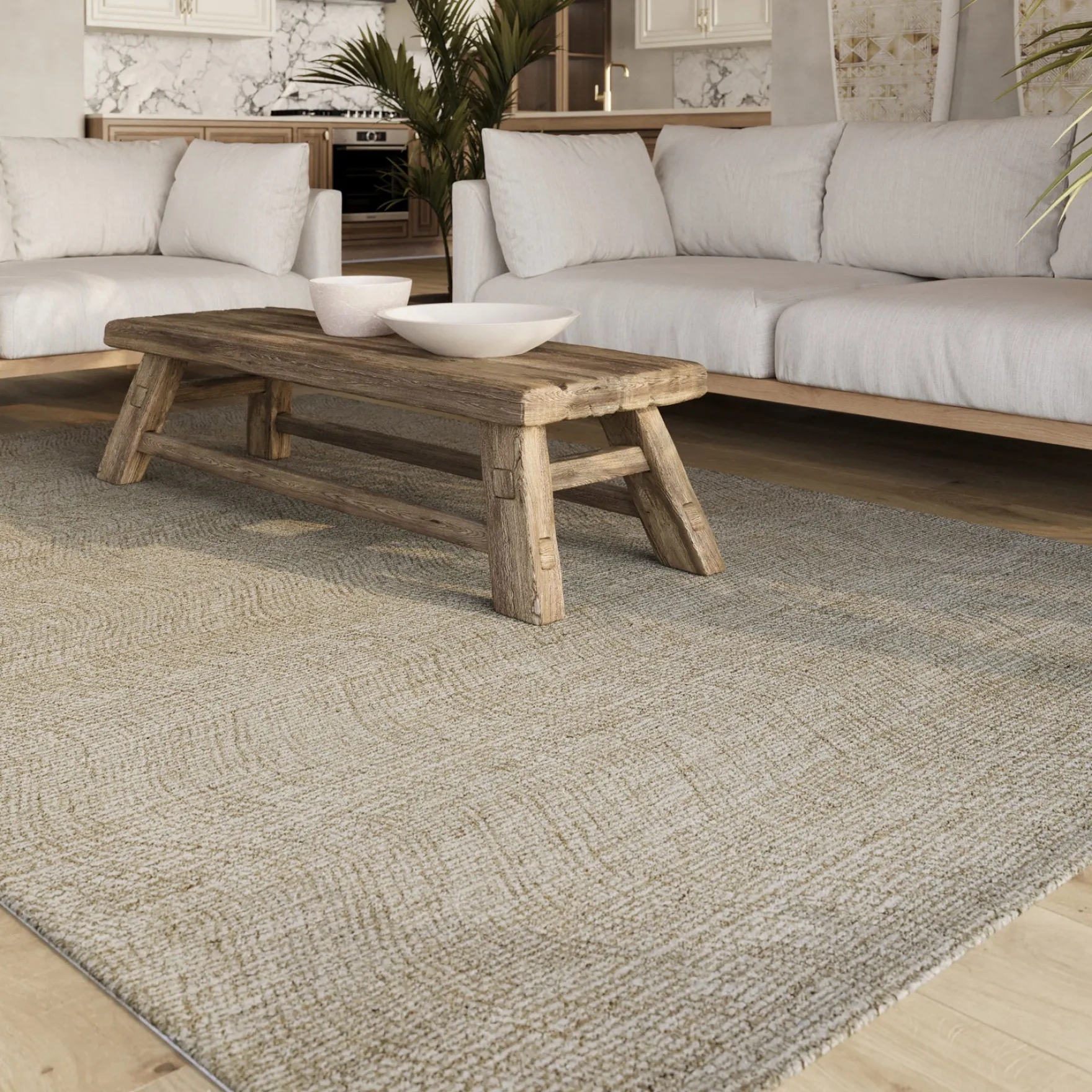 Kurzflor Teppich Sand Beige aus Schurwolle "Hamptons THIRTEEN" WECONhome