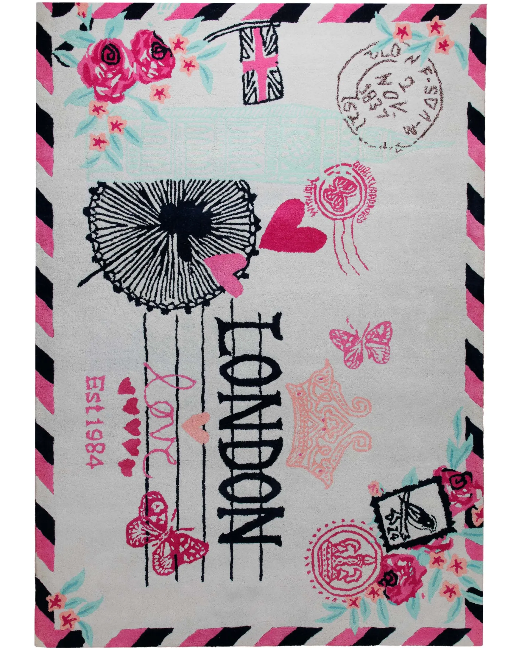 London-Postkarte in Pink - Handtuft Wolle 160 x 230 cm