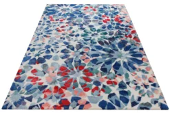 Mosaikblüte in Hellblau - Handtuft Wolle 160 x 230 cm