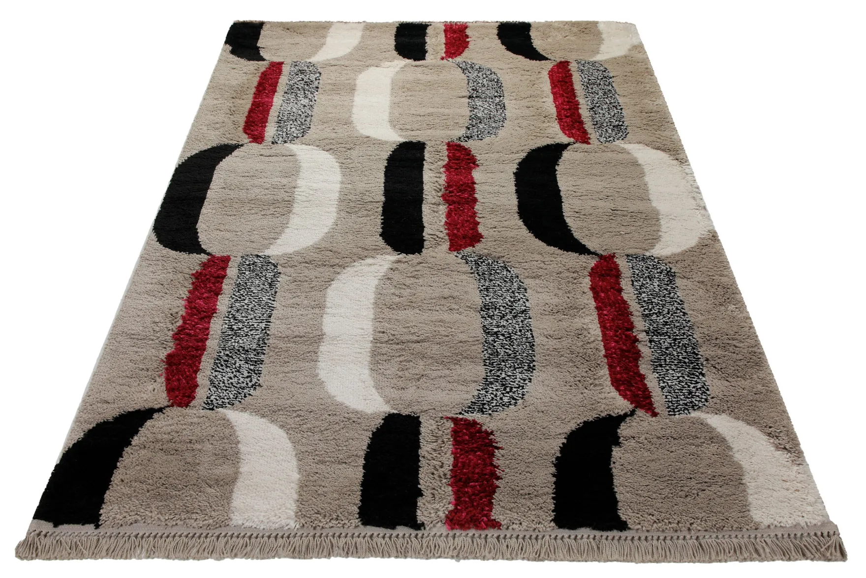 Teppich 160x230 Wohnzimmer Beige Schwarz Weiß Rot Muster