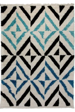 Teppich 160x230 Wohnzimmer Creme Blau Schwarz Muster