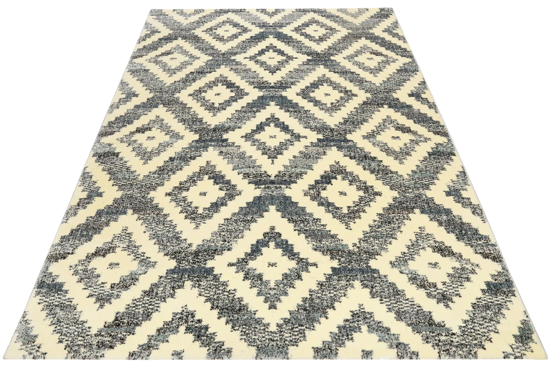 Teppich 160x230 Wohnzimmer Dunkelblau Creme Rautenmuster